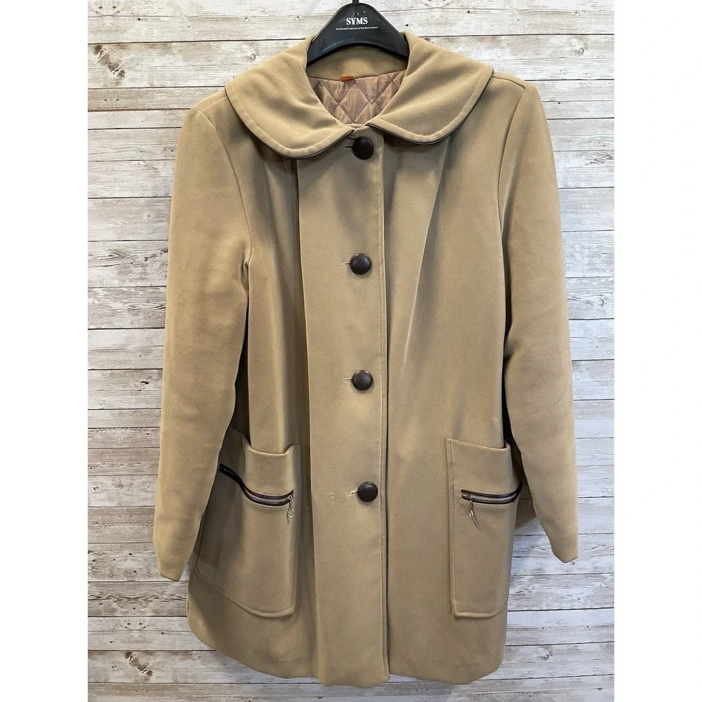 Vintage 60s-70s Womens 18 Coat Mod Tan Faux‎ Suede Peter Pan Collar A-Line USA